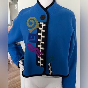 Vintage Beppa Wool Crop Jacket Small Blue Black Purple Art Applique - Small